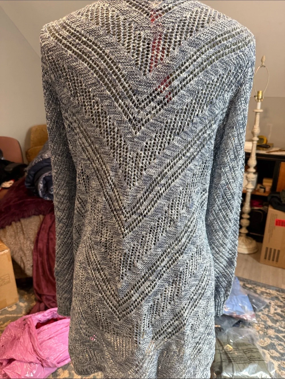 Christopher & Banks Open-Front Blue/White Knit Cardigan